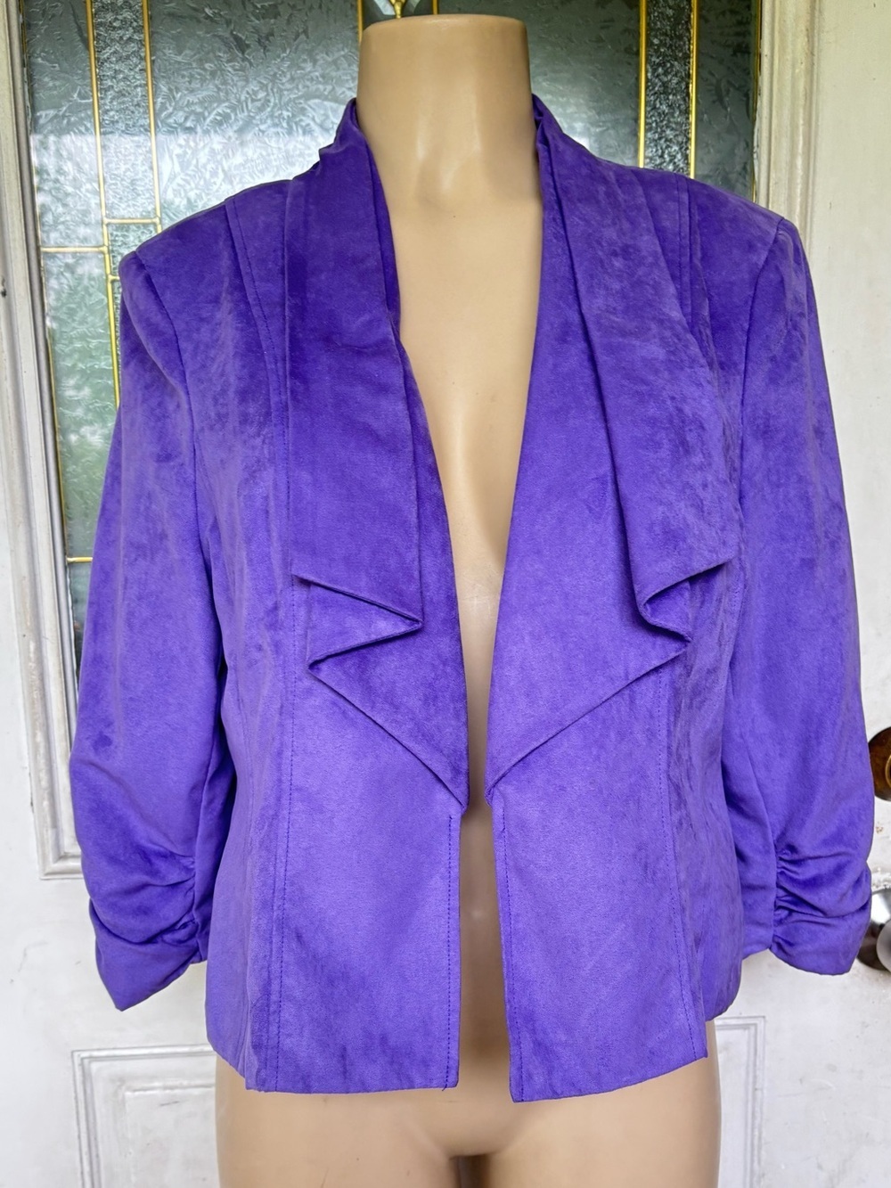 dressbarn Purple Suede Draped Open-Front Blazer